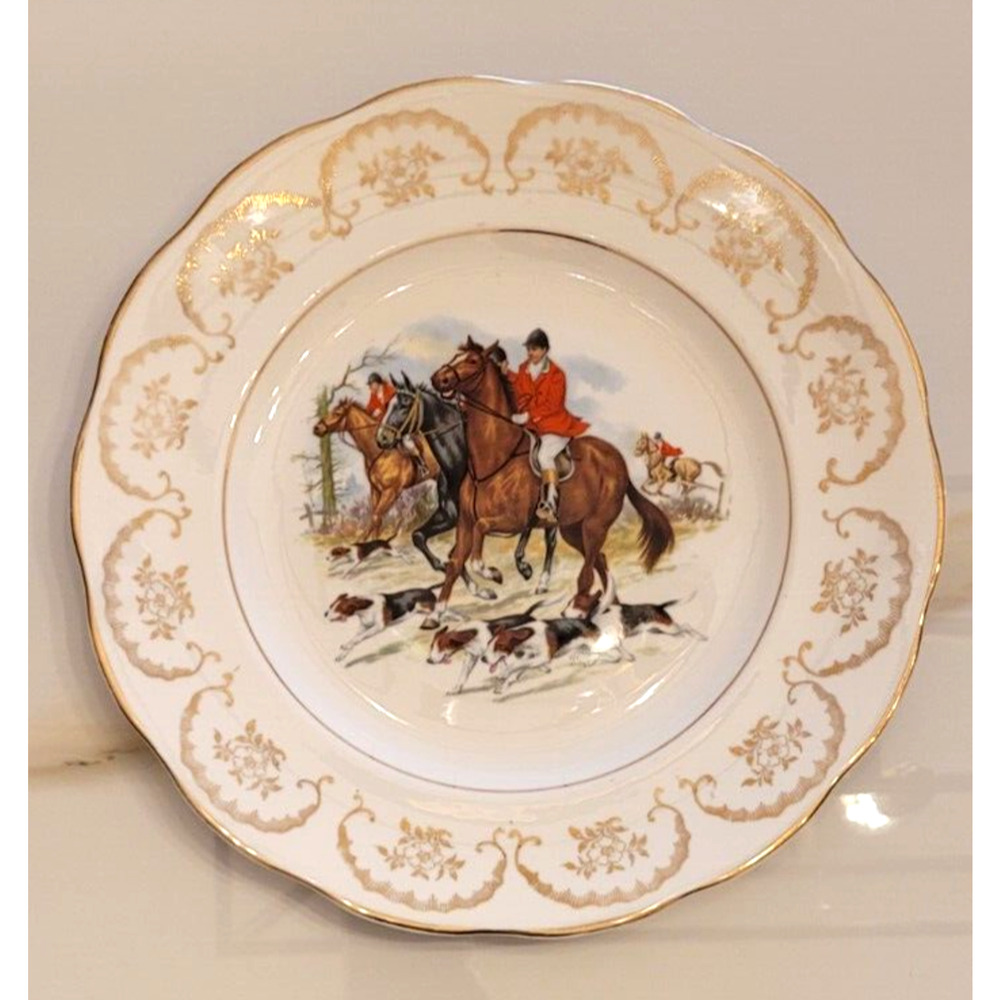 EQUESTRIAN HORSE HUNDS HUNTING BONE CHINA 22 Ct GOLD PLATE DECOR LIVING